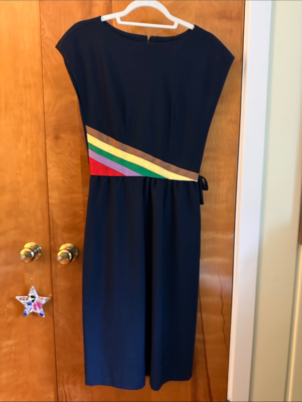 Vintage- Navy Dress with Diagonal Rainbow Waistband
